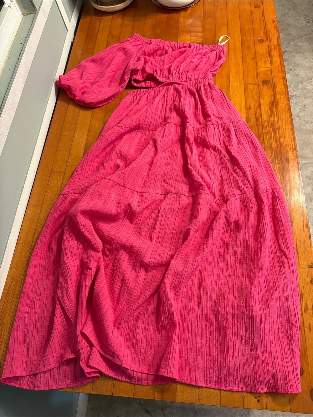 THML Hot Pink One-Shoulder Maxi Dress with Puff Sleeve